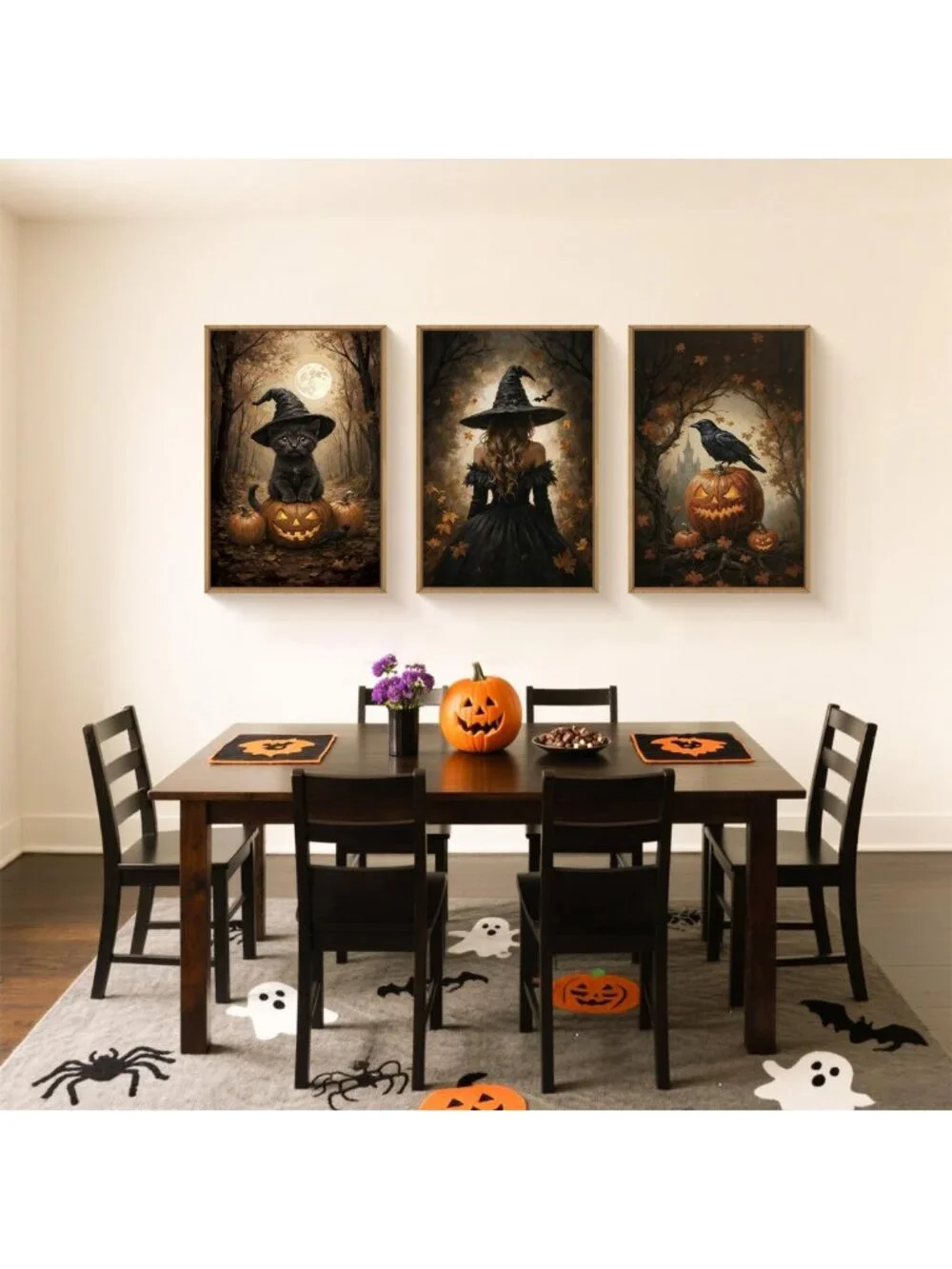 Spooky Halloween Wall Art Set - Framed Canvas with Witch, Black Cat & Raven